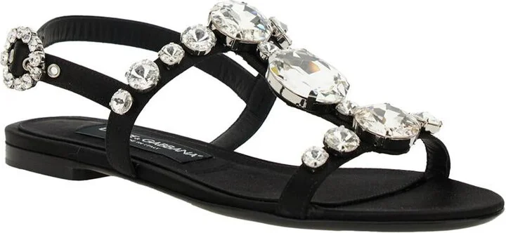Black Sandals With Embroidered Stones Decorations In Satin Woman - Image 2