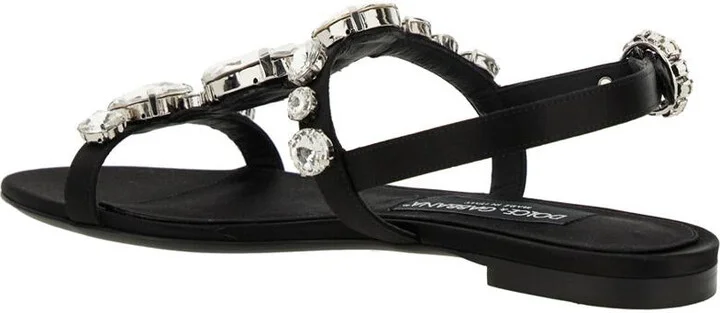 Black Sandals With Embroidered Stones Decorations In Satin Woman - Image 3