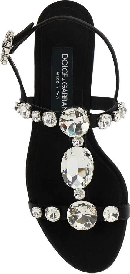Black Sandals With Embroidered Stones Decorations In Satin Woman - Image 4