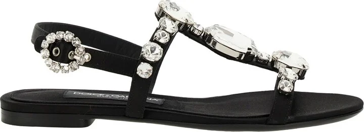 Black Sandals With Embroidered Stones Decorations In Satin Woman