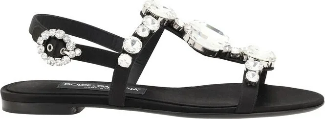 Black Sandals With Embroidered Stones Decorations In Satin Woman