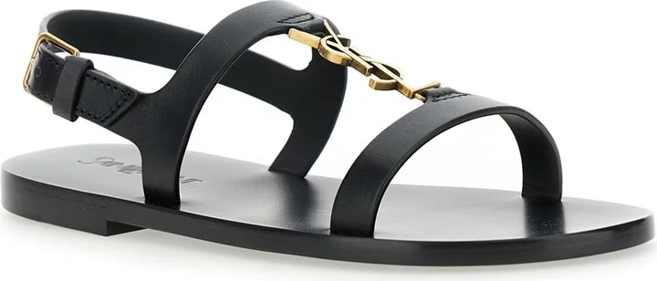 Black Sandals With Metal Cassandre On The Front And Adjustable Strap In Leather Woman - Image 2