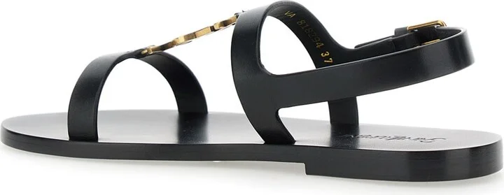 Black Sandals With Metal Cassandre On The Front And Adjustable Strap In Leather Woman - Image 3