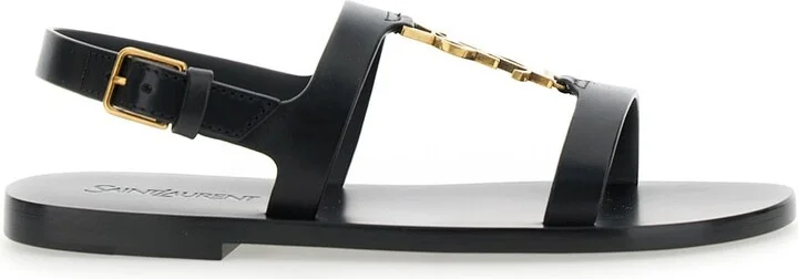 Black Sandals With Metal Cassandre On The Front And Adjustable Strap In Leather Woman