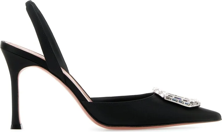 Black Satin Camelia Pumps