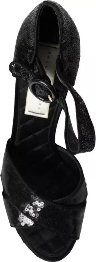 Black Sequin Ankle Strap Heels Sandals Women's Shoes (Pre-Owned) - Image 2