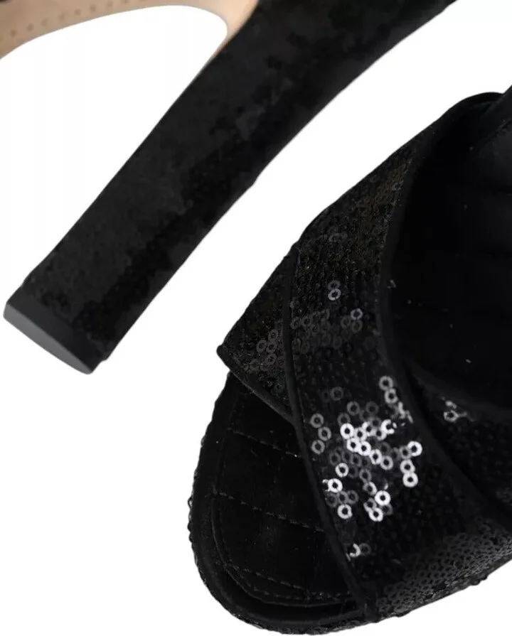 Black Sequin Ankle Strap Heels Sandals Women's Shoes (Pre-Owned) - Image 3
