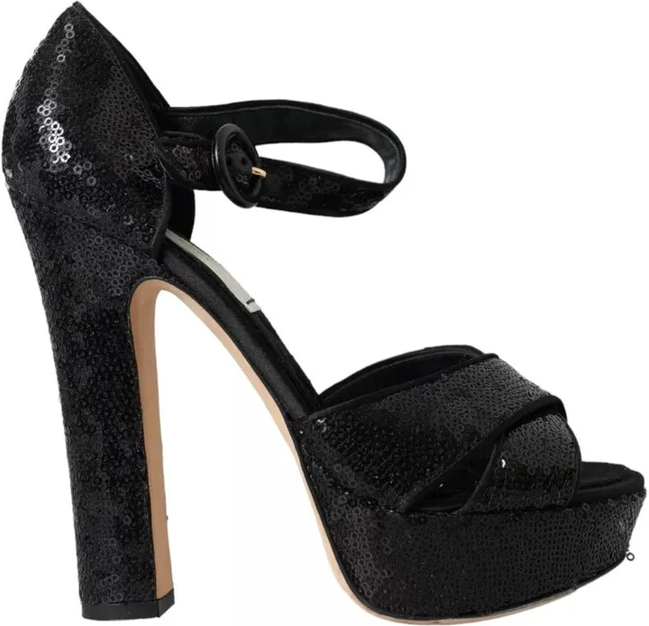 Black Sequin Ankle Strap Heels Sandals Women's Shoes (Pre-Owned)
