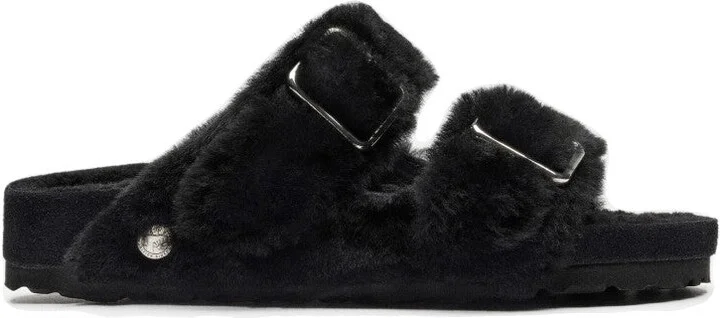 Black Shearling Sandals With Oversized Buckles
