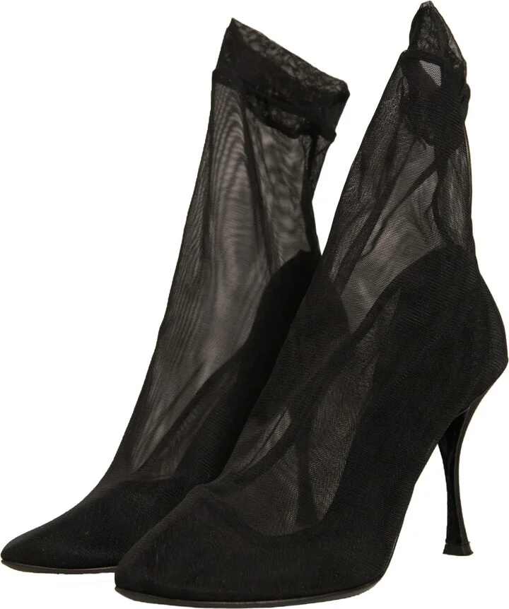 Black Silk Mesh Sock Style Heels Boots Women's Shoes (Pre-Owned) - Image 3