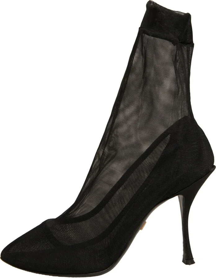 Black Silk Mesh Sock Style Heels Boots Women's Shoes (Pre-Owned) - Image 4