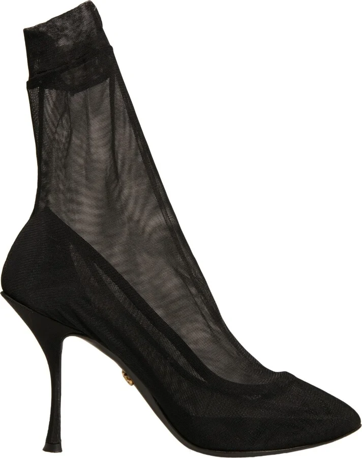 Black Silk Mesh Sock Style Heels Boots Women's Shoes (Pre-Owned)