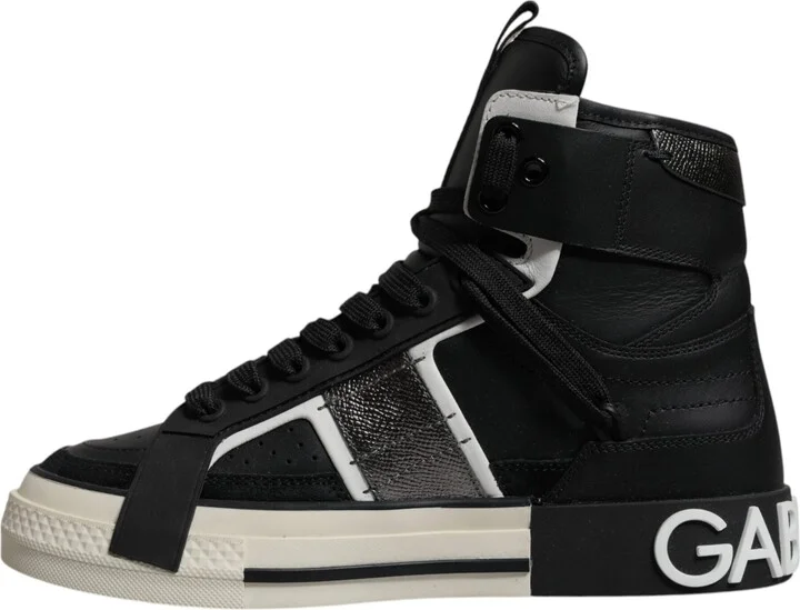 Black Silver Leather High Top Sneaker Men's Shoes - Image 5