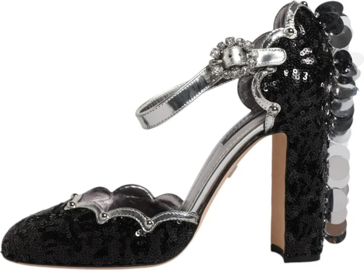 Black Silver Sequin Ankle Strap Sandals Women's Shoes - Image 6