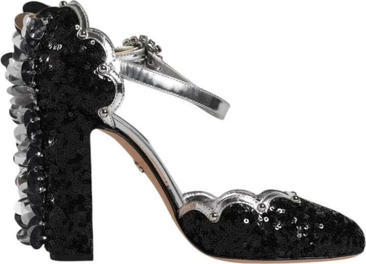 Black Silver Sequin Ankle Strap Sandals Women's Shoes