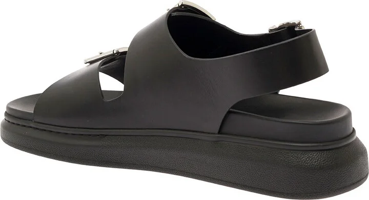 Black Slide Sandals With Embossed Logo In Leather Man - Image 3