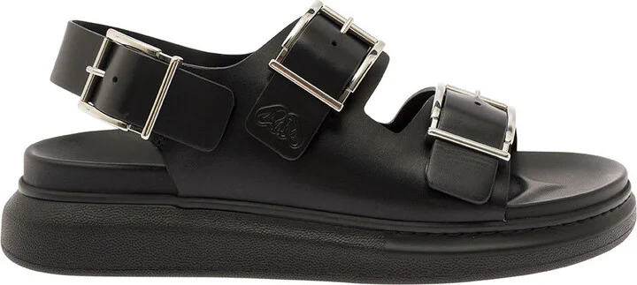 Black Slide Sandals With Embossed Logo In Leather Man