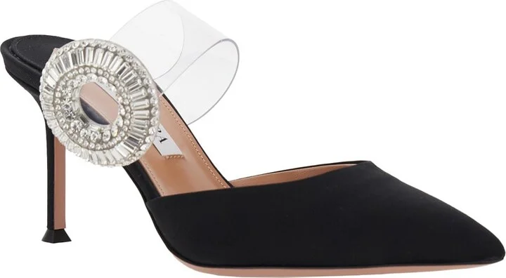 Black Slingback Mules With Crystal Embellishment And Transparent Strap In Suede Woman - Image 2