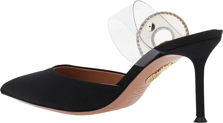 Black Slingback Mules With Crystal Embellishment And Transparent Strap In Suede Woman - Image 3
