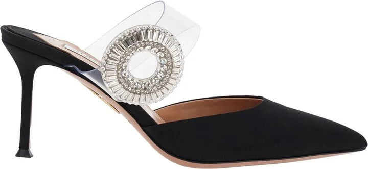 Black Slingback Mules With Crystal Embellishment And Transparent Strap In Suede Woman
