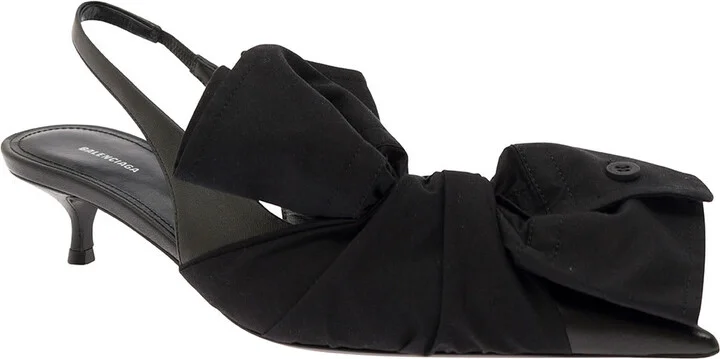 Black Slingback Pumps With Knot Detail In Leather And Cotton Woman - Image 2
