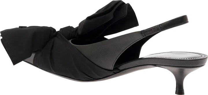 Black Slingback Pumps With Knot Detail In Leather And Cotton Woman - Image 3