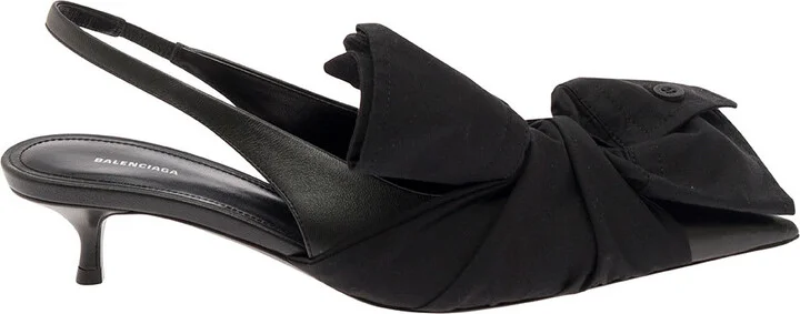 Black Slingback Pumps With Knot Detail In Leather And Cotton Woman