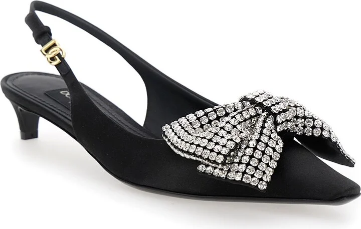Black Slingback Pumps With Rhinestone Bow Detail In Silk Blend Woman - Image 2