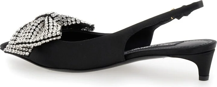 Black Slingback Pumps With Rhinestone Bow Detail In Silk Blend Woman - Image 3