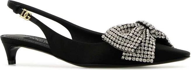 Black Slingback Pumps With Rhinestone Bow Detail In Silk Blend Woman - Image 2