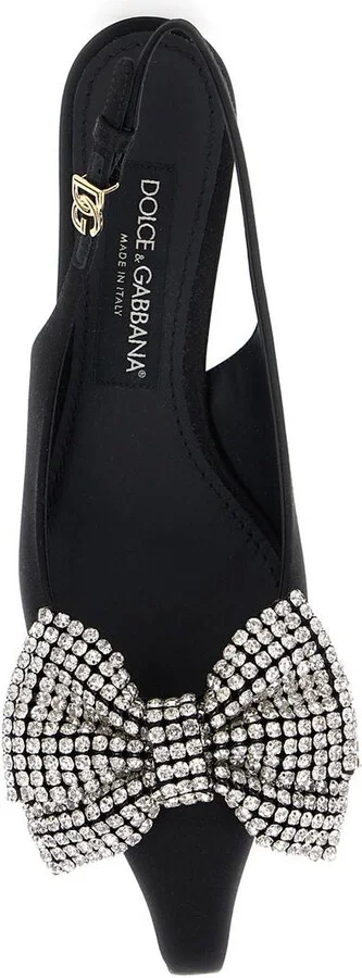 Black Slingback Pumps With Rhinestone Bow Detail In Silk Blend Woman - Image 3