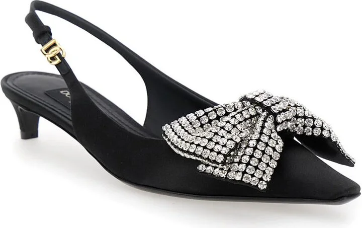 Black Slingback Pumps With Rhinestone Bow Detail In Silk Blend Woman - Image 2