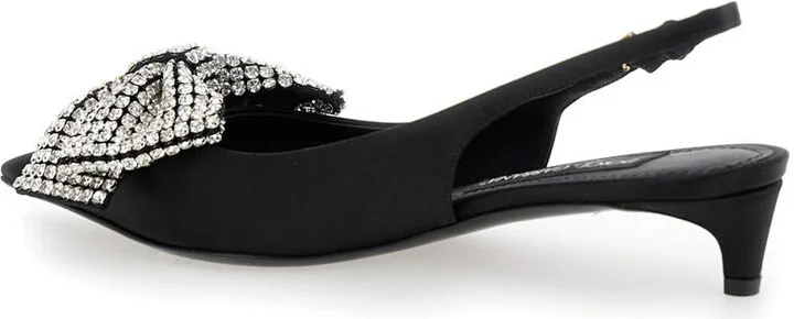 Black Slingback Pumps With Rhinestone Bow Detail In Silk Blend Woman - Image 3