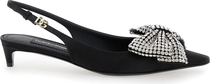 Black Slingback Pumps With Rhinestone Bow Detail In Silk Blend Woman