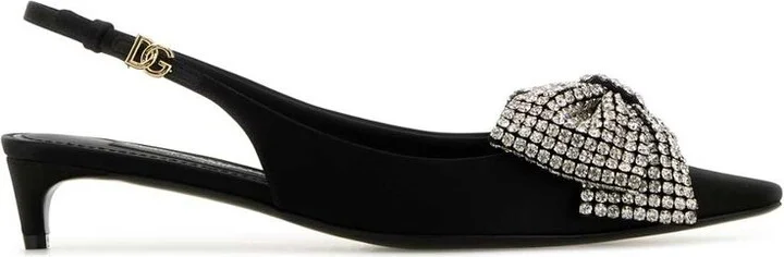 Black Slingback Pumps With Rhinestone Bow Detail In Silk Blend Woman
