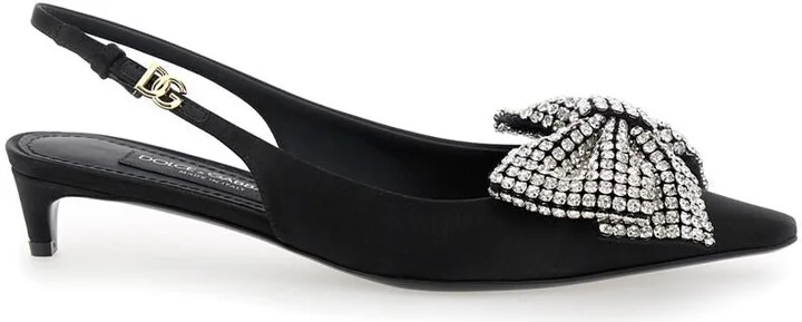 Black Slingback Pumps With Rhinestone Bow Detail In Silk Blend Woman