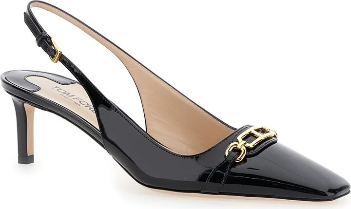 Black Slingback Pumps With T Logo Detail In Patent Leather Woman - Image 2