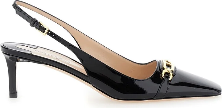 Black Slingback Pumps With T Logo Detail In Patent Leather Woman