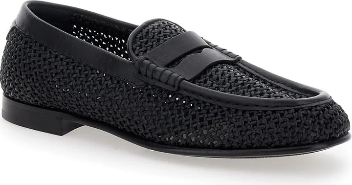 Black Slip-on Loafers In Woven Rafia Man - Image 2