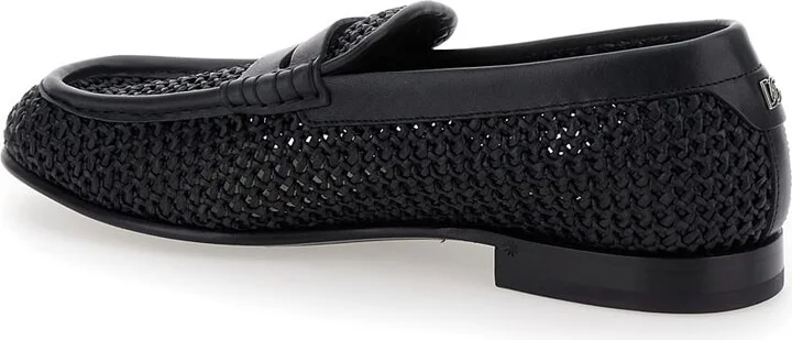 Black Slip-on Loafers In Woven Rafia Man - Image 3