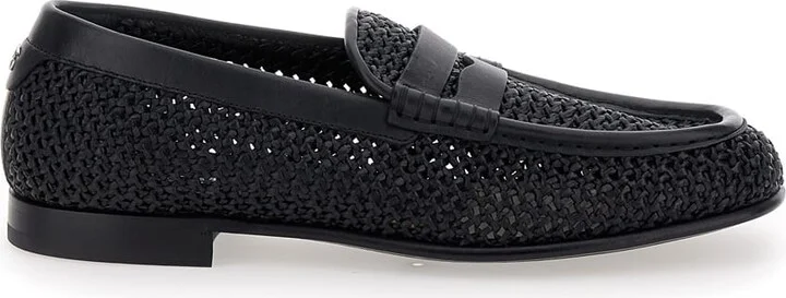 Black Slip-on Loafers In Woven Rafia Man