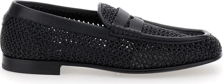 Black Slip-On Loafers In Woven Rafia Man