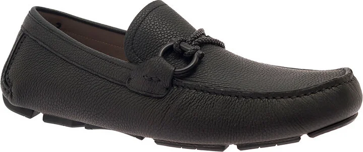 Black Slip-on Loafers With Gancini Detail In Hammered Leather Man - Image 2