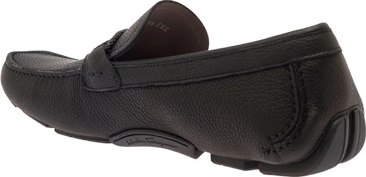 Black Slip-on Loafers With Gancini Detail In Hammered Leather Man - Image 3