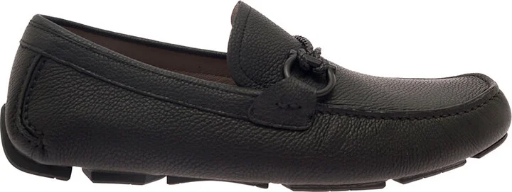 Black Slip-on Loafers With Gancini Detail In Hammered Leather Man