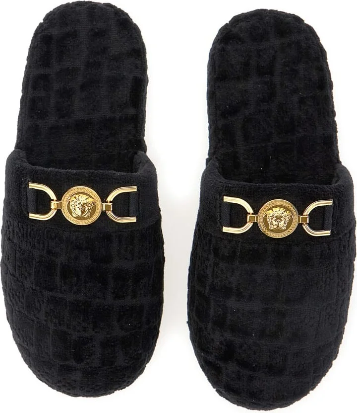 Black Slippers With Logo Plaque In Fabric Man - Image 3