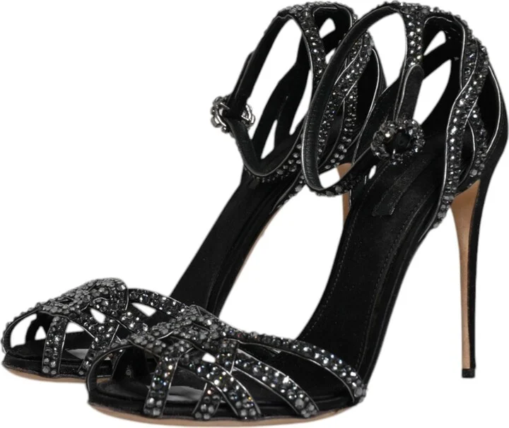 Black Strass Ankle Strap Heels Sandals Women's Shoes (Pre-Owned) - Image 4