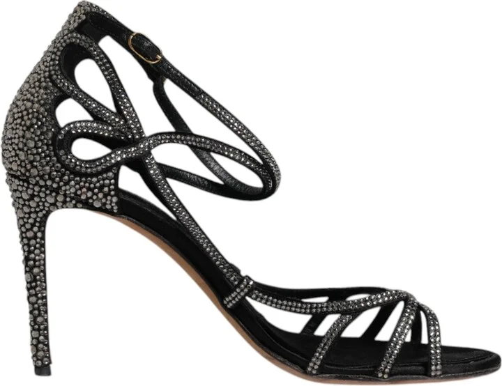 Black Strass Ankle Strap Heels Sandals Women's Shoes (Pre-Owned)