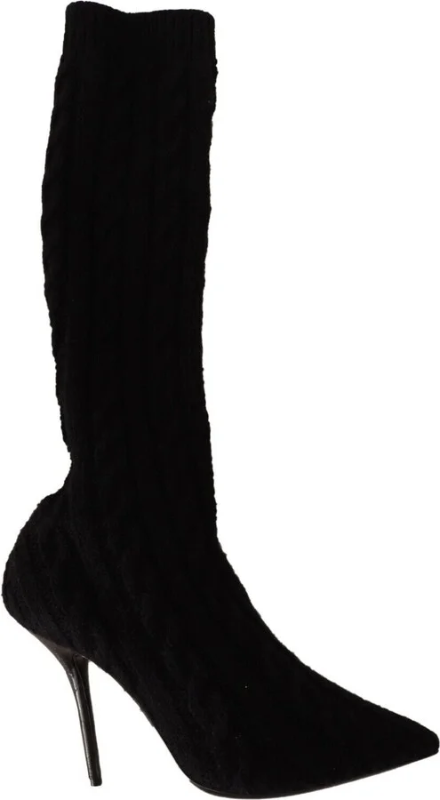 Black Stretch Socks Knee High Booties Women's Shoes