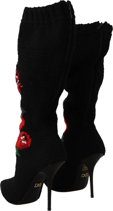Black Stretch Socks Red Roses Booties Women's Shoes - Image 3